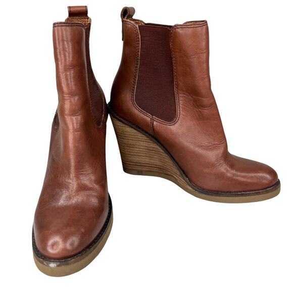 Lucky Brand Fedora Brown Leather Wedge Ankle Boots Booties 6.5 - Picture 10 of 11
